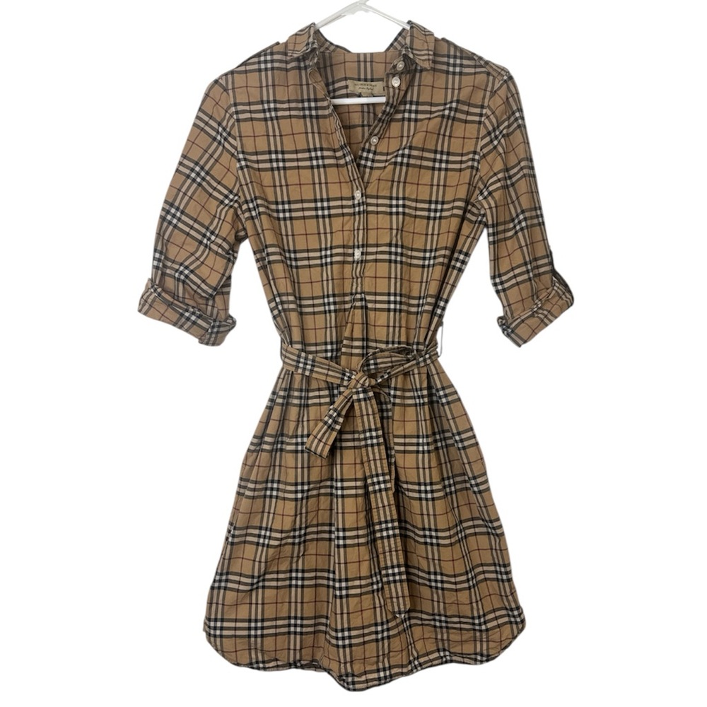 Burberry Shirt Dress NovaCheck Tan Black Plaid with Waist Tie Women’s US 6 EU 8